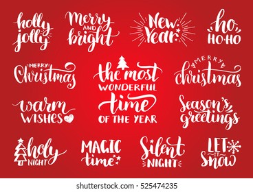 Vector handwritten Christmas and New Year calligraphy set with festive decorations: Merry and Bright, Warm Wishes, Season Greetings, Holy Night, Holly Jolly, Magic Time, Let it Snow.