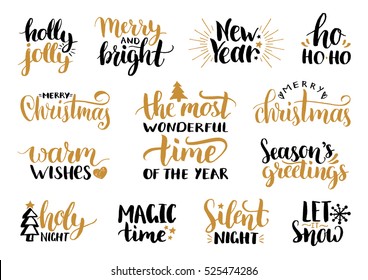 Vector handwritten Christmas and New Year calligraphy set with festive decorations: Merry and Bright, Warm Wishes, Season Greetings, Holy Night, Holly Jolly, Magic Time, Let it Snow.