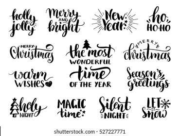 Vector handwritten Christmas and New Year calligraphy set with festive decorations: Merry and Bright, Warm Wishes, Holy Night, Holly Jolly, Magic Time, Let it Snow.