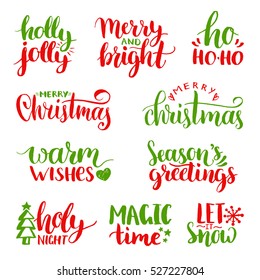 Vector handwritten Christmas and New Year calligraphy set with festive decorations: Merry and Bright, Warm Wishes, Season Greetings, Holy Night, Holly Jolly, Magic Time, Let it Snow.