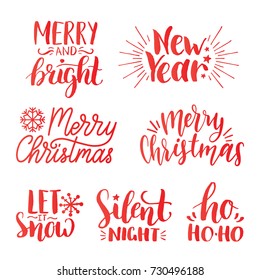 Vector handwritten Christmas and New Year calligraphy set of Merry and Bright, Let it Snow, Silent Night etc.