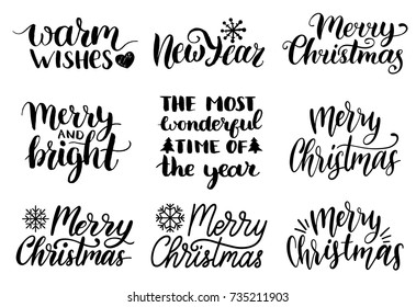 Vector handwritten Christmas and New Year calligraphy set of Merry and Bright, Warm Wishes etc.