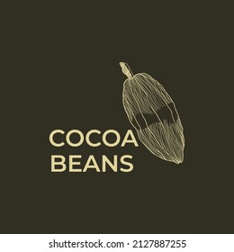 Vector handwritten Cocoa beans lettering and Cocoa beans with leaves sketch on white background. Doodle Outline illustration for cafe, shop, menu. Organic food sketch. For label, logo, emblem, symbol.