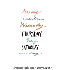 Vector handwritten colored week days signs set. Stickers for planner and other. Templates. Clipart. Isolated.