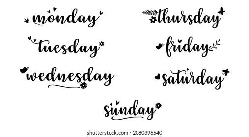 Vector - Handwritten day of the week. Monday, Tuesday, Wednesday, Thursday, Friday, Saturday and Sunday. Black color. Can be use decorate Diary, Planner, Calendar.