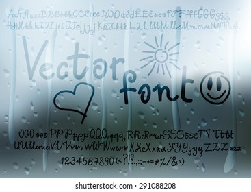 Vector handwritten display font with effect of writing on misted window. Blurred background with water drops. Alphabet includes uppercase and lowercase letters, numbers and punctuation marks