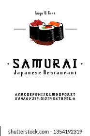 Vector handwritten display font. Japanese style Typeface. Retro ABC. Hand Made Asian Alphabet. English letters and numbers.Logo of Bar or Shop Sushi. Vector Illustration.