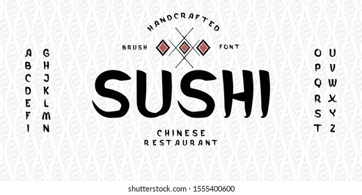 Vector handwritten display font. Japanese style Typeface. Retro ABC. Hand Made Asian Alphabet. English letters and numbers.Logo of Bar or Shop Sushi. Vector Illustration.