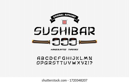 Vector handwritten display font. Japanese style Typeface. Retro ABC. Hand Made Asian Alphabet. English letters and numbers.Logo of Bar or Shop Sushi. Vector Illustration.