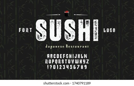 Vector handwritten display font. Japanese style Typeface. Retro ABC. Hand Made Asian Alphabet. English letters and numbers.Logo of Bar or Shop Sushi. Vector Illustration.