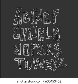 Vector handwritten english alphabet, black and white doodle hand drawn lettering.