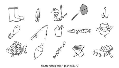 Vector handwritten with fishing equipment  and accessories