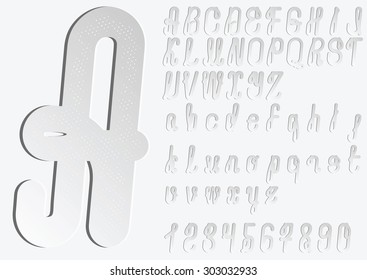 Vector handwritten font with letterpress effect and halftone texture. Alphabet includes capital and lowercase Latin letters, numbers