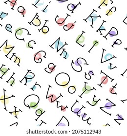 Vector handwritten font Seamless Pattern. Icons with paper envelopes, letters, email. A children s notebook in a cage with drawings of postal items. Hand-drawn elements for email