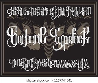 Vector handwritten gothic font for unique lettering with hand drawn illustration of surreal moth with human faces.  Typography for card, poster, banner, print for t-shirt, label, badges, headlines. 