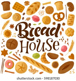 Vector handwritten illustration. Calligraphy and graphic elements for bread house, bakery. Hand-drawn lettering for design of store, shop, market, restaurant menu, recipes, prints and posters 