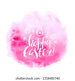 Vector handwritten inscription Happy Easter with hand drawn eggs, bunny and flowers. Pink bright watercolor background. Doodles sketch. Brush lettering. Modern calligraphy. Template for card.