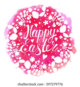 Vector handwritten inscription Happy Easter. Template for card. Brush lettering. Modern ink calligraphy. Pink watercolor background. Floral wreath.