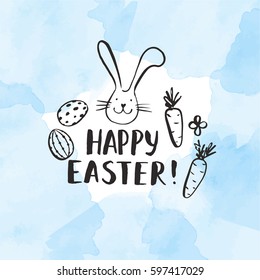 Vector handwritten inscription Happy Easter. Template for card. Brush lettering. Modern ink calligraphy. Funny bunny, flowers and eggs. Blue watercolor background.