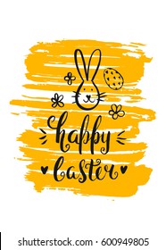 Vector handwritten inscription Happy Easter. Template for card. Brush lettering. Modern ink calligraphy. Funny bunny, flowers and egg. Yellow background.