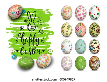Vector handwritten inscription Happy Easter. Template for card. Brush lettering. Modern ink calligraphy. Funny bunny. Green background. Decorated colorful realistic eggs.