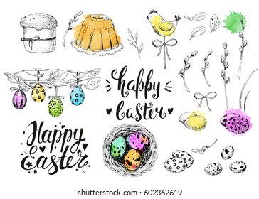 Vector handwritten inscription Happy Easter. Modern ink calligraphy. Vintage floral background with engraving elements: eggs, willow, nest and cake. Sketch. Colorful watercolor stains.