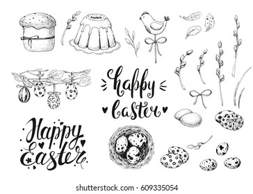 Vector handwritten inscription Happy Easter. Modern ink calligraphy. Vintage floral background with engraving elements: eggs, willow, nest and cake. Sketch. 