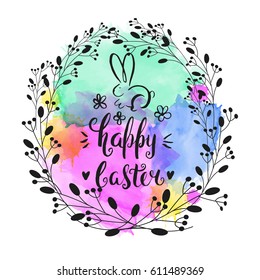 Vector handwritten inscription Happy Easter and bunny. Template for card. Brush lettering. Modern ink calligraphy. Pink watercolor background. Vintage floral wreath.