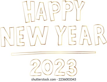 Vector handwritten inscription Happy New Year 2023. White text with golden outline isolated from background