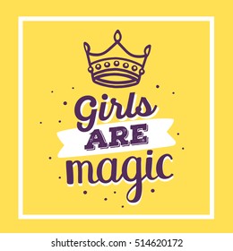 Vector handwritten inscription with line art crown and white ribbon on yellow background with frame. Calligraphic text. Hand drawn design for print, apparel, t-shirt, bag, sticker, poster, card