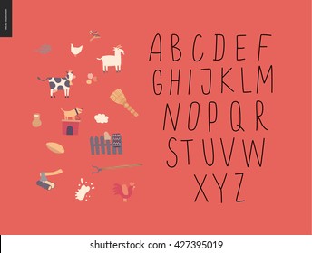 Vector handwritten latin alphabet on the red background with rural elements
