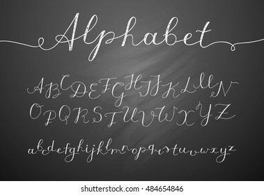 vector handwritten lettering alphabet, calligraphic font on black chalkboard