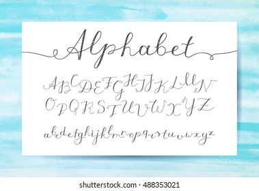 vector handwritten lettering alphabet, calligraphic font on watercolor texture