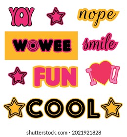 Vector handwritten lettering. Vector cartoon illustration text set. Cute sticker template decorated with trendy lettering. Set of weekly or daily planner and diaries vector flat illustration.