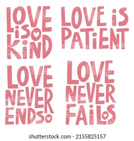 vector handwritten lettering of four Christian inscriptions on the theme of love in pink with texture