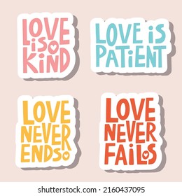 vector handwritten lettering of four Christian inscriptions on the theme of love in the form of stickers