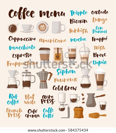 Vector handwritten lettering. Graphic illustrations for coffee shop, market, cafe design, restaurant menu and recipes. Coffee types and brewing methods, dishes and drinks