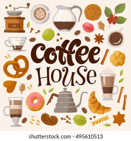 Vector handwritten lettering. Hand-drawn graphic illustration for coffee shop, market, cafe design, restaurant menu and recipes. Coffee types and brews, utensils, spices, food and drinks for breakfast