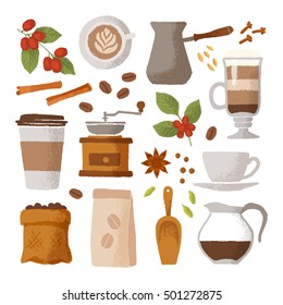Vector handwritten lettering. Hand-drawn graphic illustration for coffee shop, market, cafe design, restaurant menu and recipes. Coffee types and brewing methods, utensil, spices, food and drinks