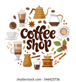 Vector handwritten lettering. Hand-drawn graphic illustration for coffee shop, market, cafe design, restaurant menu and recipes. Coffee types and brewing methods, utensil, spices, food and drinks