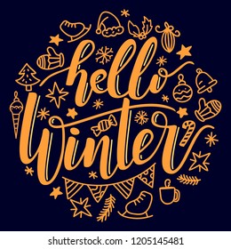 Vector handwritten lettering hello winter with elements. Eps 10.