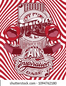 Vector handwritten lettering made in 90's style with surreal illustration of gramophone with human mouth. Template for card, poster, banner, label,  print for t-shirt.