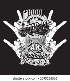 Vector handwritten lettering made in 90's style with illustration of rock hands. Template for card, poster, banner, label,  print for t-shirt.