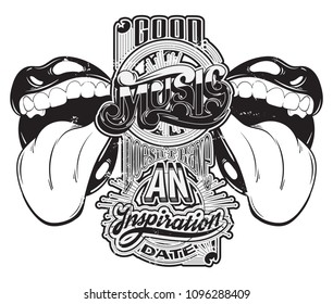 Vector handwritten lettering made in 90's style with hand drawn illustration of open mouth with tongue.  Template for card, poster, banner, label,  print for t-shirt.