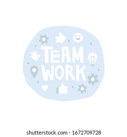 Vector handwritten lettering teamwork on a blue abstract background. Around lettering icons in flat style. Remote work, communication in instant messengers, chat. Generation of ideas. Poster design.