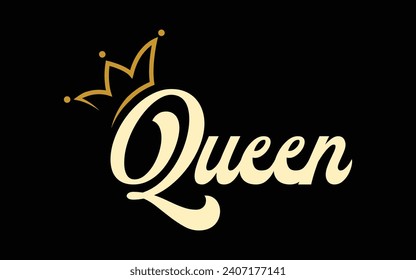 Vector handwritten lettering word queen with crown illustration lettering design	