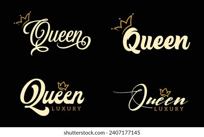 Vector handwritten lettering word queen with crown illustration lettering design	