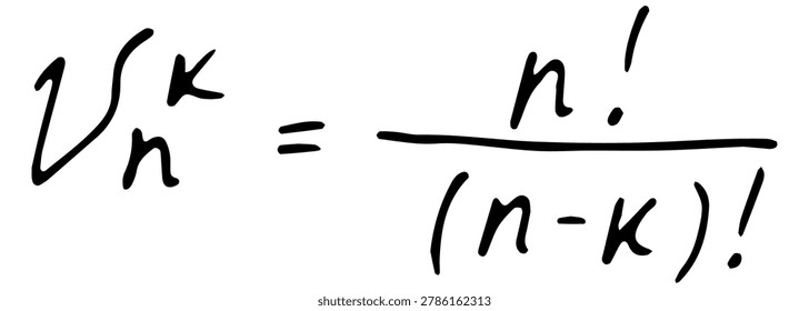 Vector handwritten mathematical formula of variations isolated on transparent background. Hand drawn lettering of arrangements equation