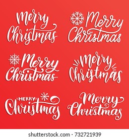 Vector handwritten Merry Christmas calligraphy set. Collection of Nativity lettering on red background.
