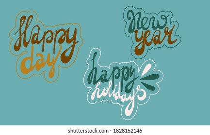Grabación manuscrita de vectores de año nuevo. Ilustración dibujada a mano aislada sobre fondo verde. Plantilla para tarjeta de saludo, paquete de emoticones, impresión, afiche, banner. Temporada de celebraciones navideñas.